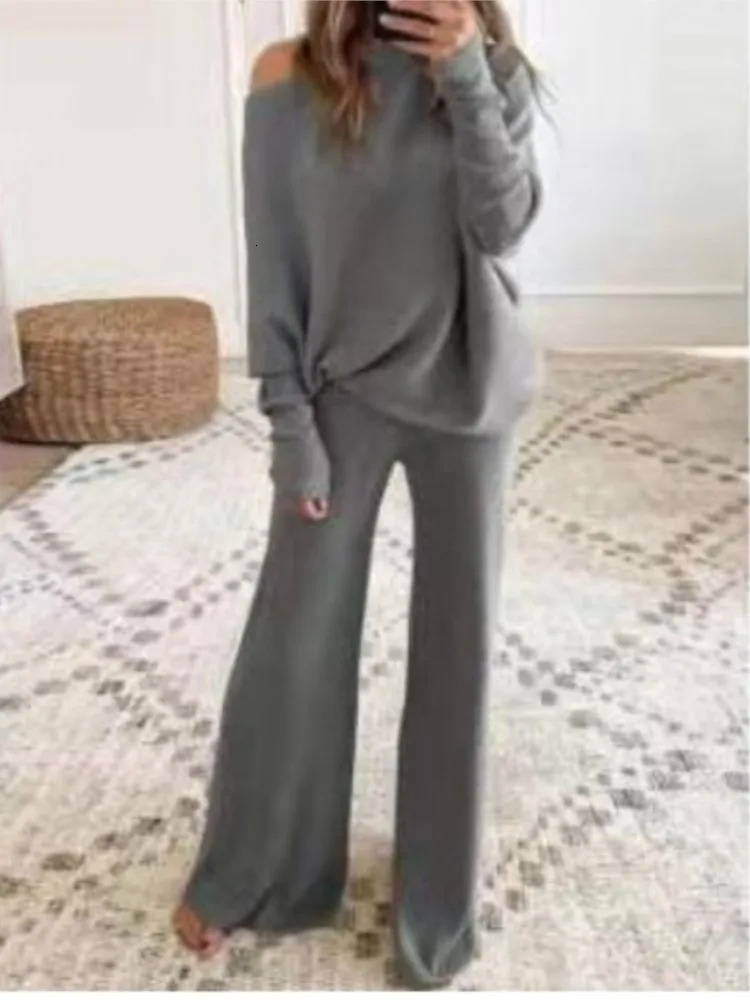 Fashion Long-sleeved Bateau Collar Top Wide-leg Pants 2-piece Set Women Elegant Autumn Solid Color Knitted Loose Suit Female 250616