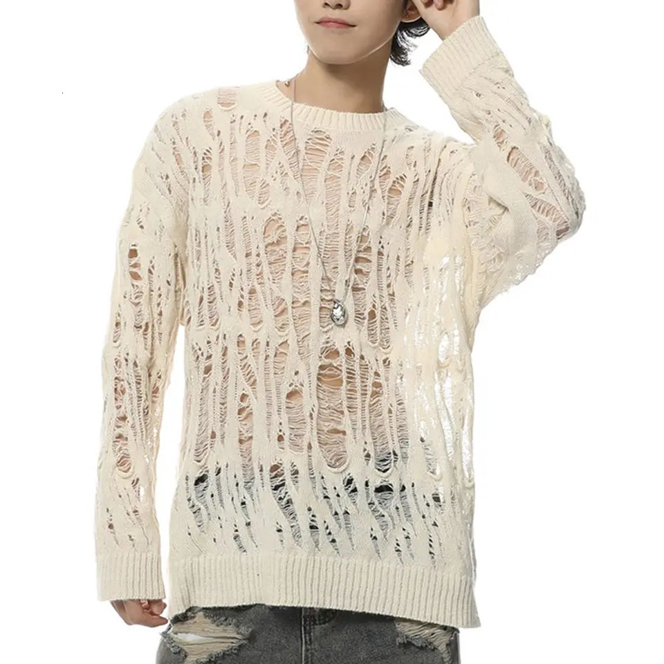 Mens Autumn Hollow Out Hole Long Sleeve Sweater Fashion Retro Knitted Top Sweaters Casual Loose Pullover Tops 250617