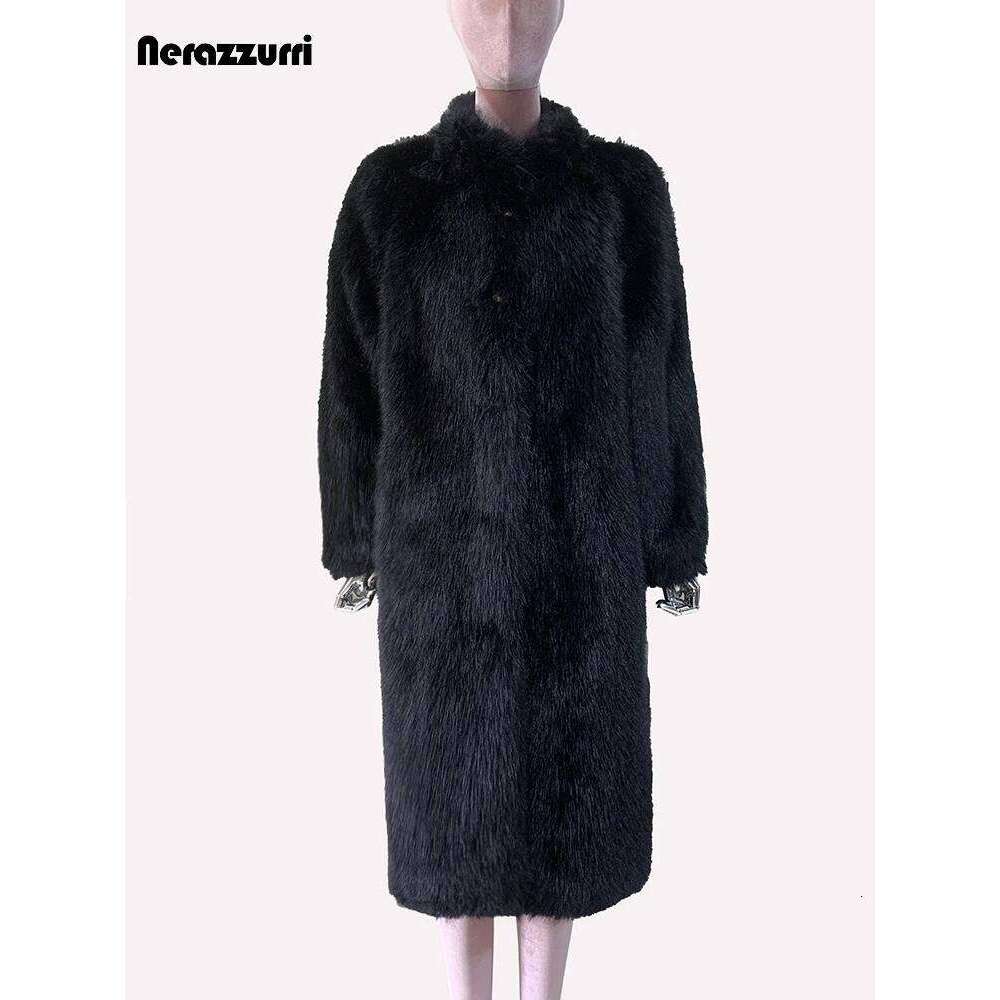 Nerazzurri Autumn Winter Long Fluffy Thick Warm Soft Hairy Black Faux Fur Coat Women Single Breasted Loose Casual Furry Overcoat
