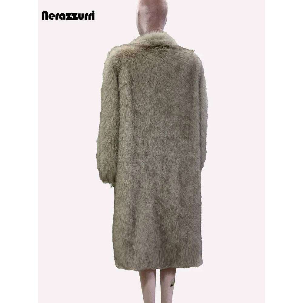 Nerazzurri Autumn Winter Long Fluffy Thick Warm Soft Hairy Black Faux Fur Coat Women Single Breasted Loose Casual Furry Overcoat