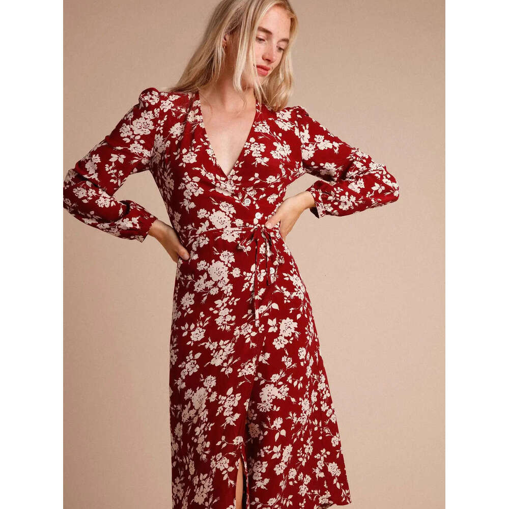 Luxury Dress Womens Dress Partydress 515#autumn New 2025 Printed V-neck Long Sleeve Mid-length French Tea Dress for Women