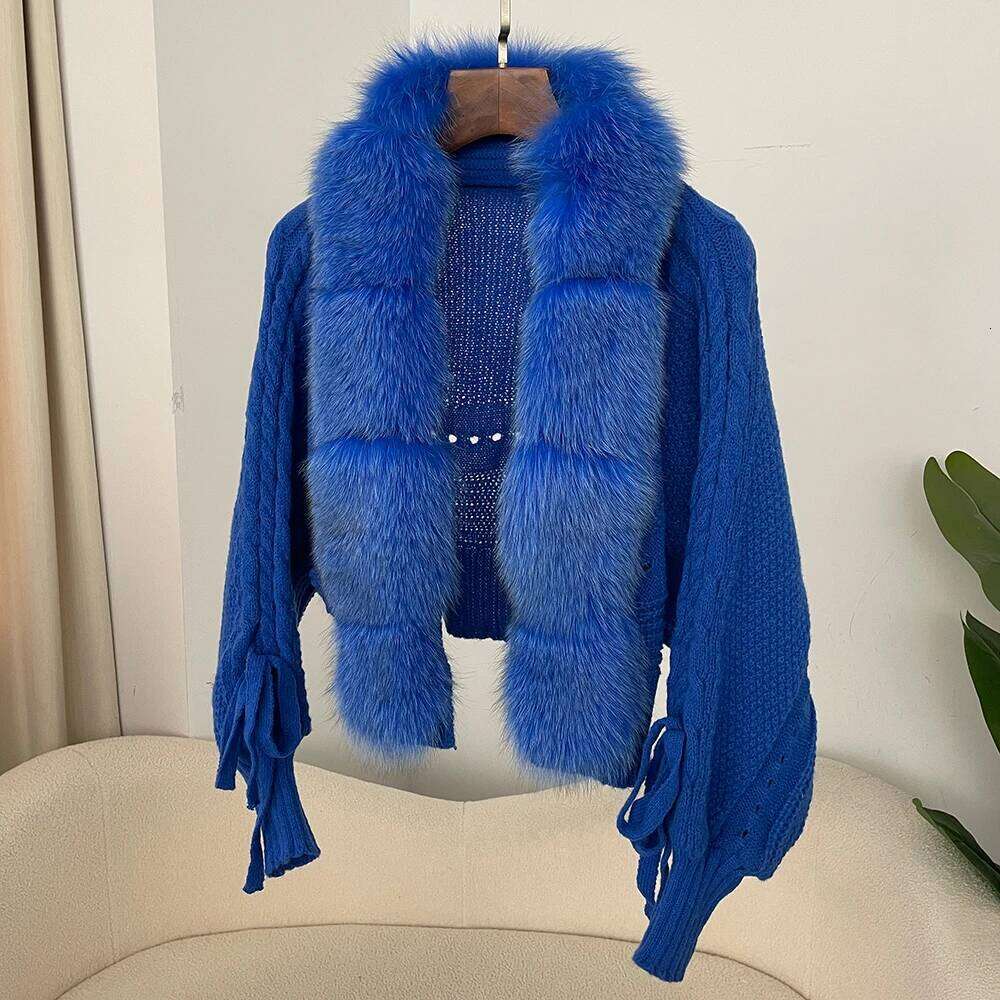 OFTBUY 2025 Spring Knitted Cardigan Women Real Fox Fur Batwing Sleeve Sweater Female Solid Short Kintwear Lady Loose Kint Coat