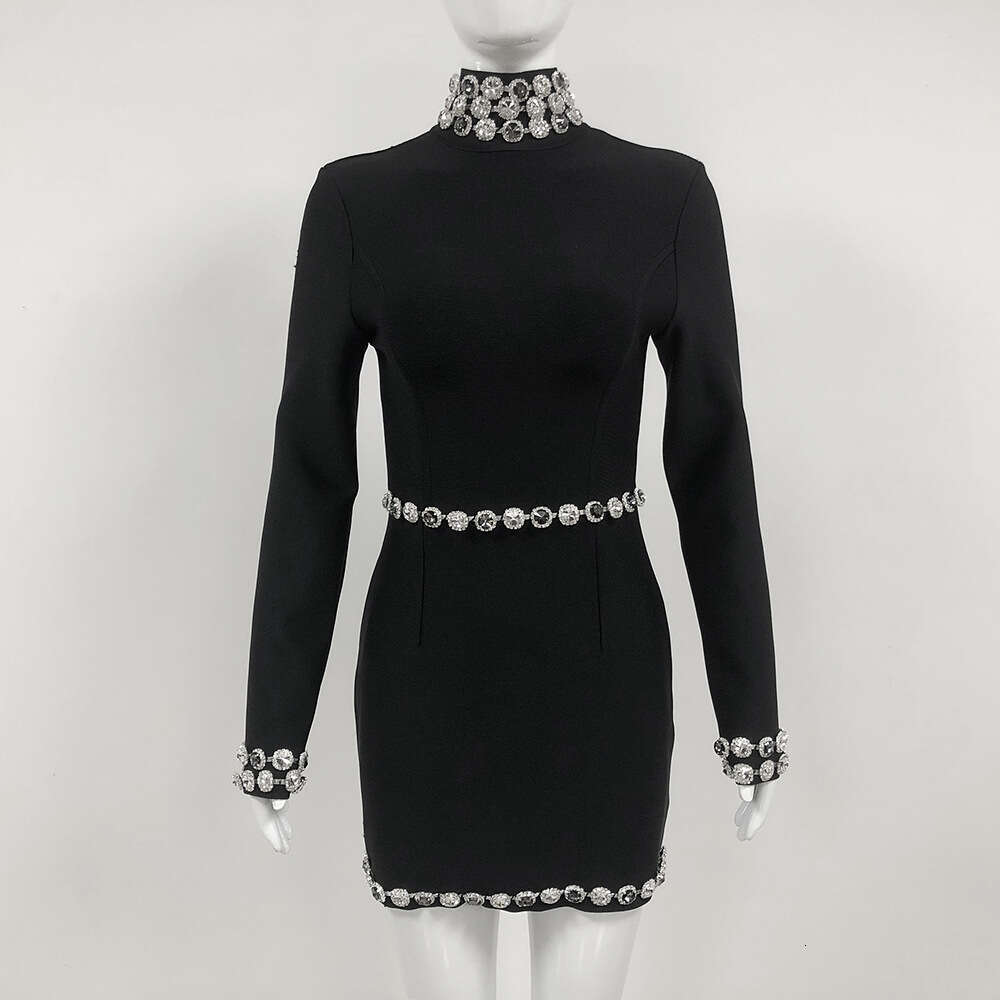 Autumn New Fashion Black Long Sleeve High Neck Tie Bandage Slim Fit Women's Short Dress