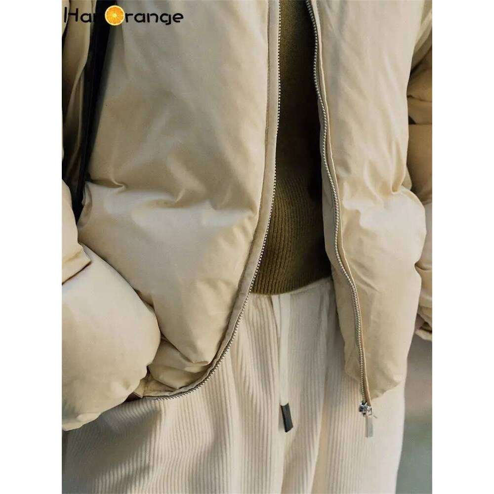 HanOrange 2024 New Year Capsule Casual Air Short Padded Jacket Women Loose Puffy Warm Parkas Female Black/Light Apricot