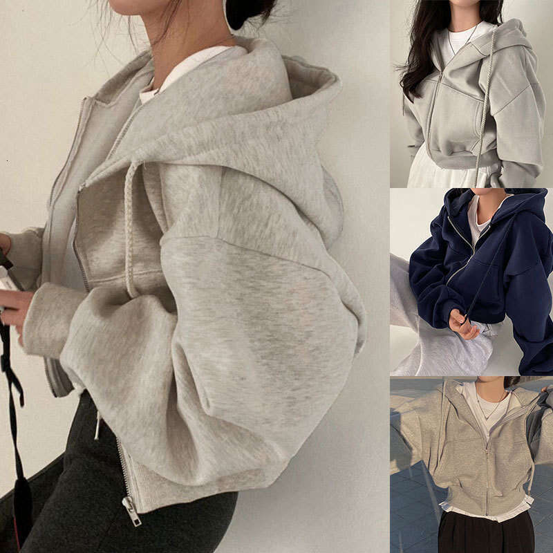 Spring Summer New Ins Versatile Fashion Short Slim Fit Zipper Warm Solid Color Hoodie Women 661 B5