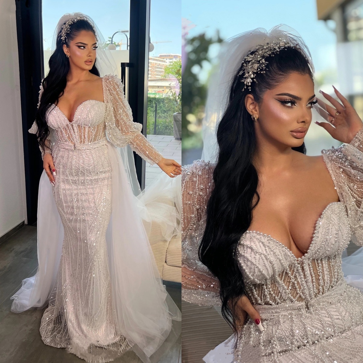 Gracefu Wedding Dresses Pearls Sequins Bridal Gowns with Detachable Train Beading Long Sleeves Mermaid Customized Bride Vestidos De Novia Plus Size