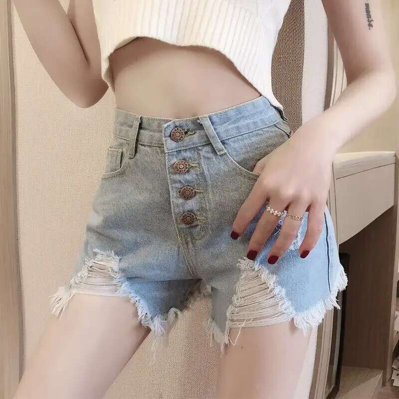 With Waist Pocket Ripped Denim Shorts for Women Design Elegant Outfits XL Classic 2000s Clothes Y2k Hot Short Jean Pants Woman