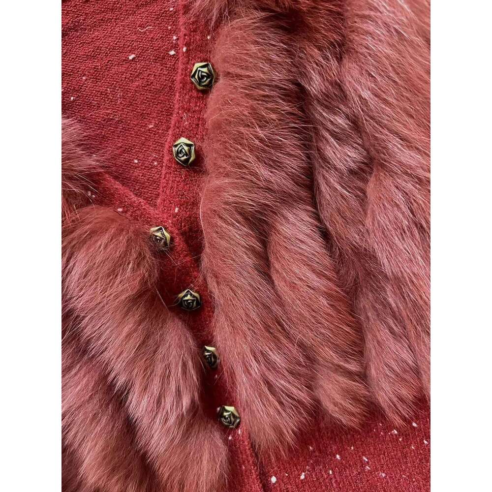 2024 Women Knitted Sweater Coat With Real Fox Fur Loose Long Sleeve V-neck Cardigan Jacket Female Warm Outwear