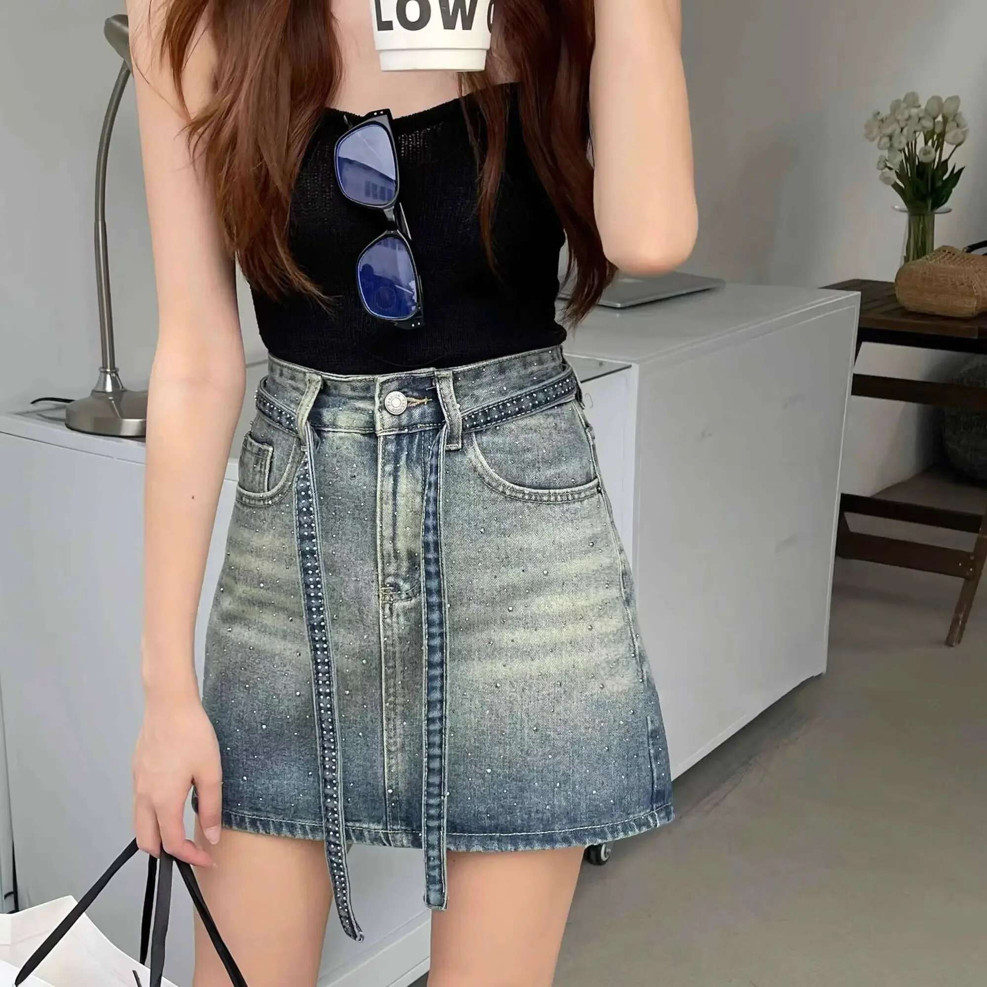 Woman Denim Skirt Sequin Tight Wrap Mini New in Streetwear Vintage Korean Fashion Luxury Elegant Short Jeans Skirts for Women