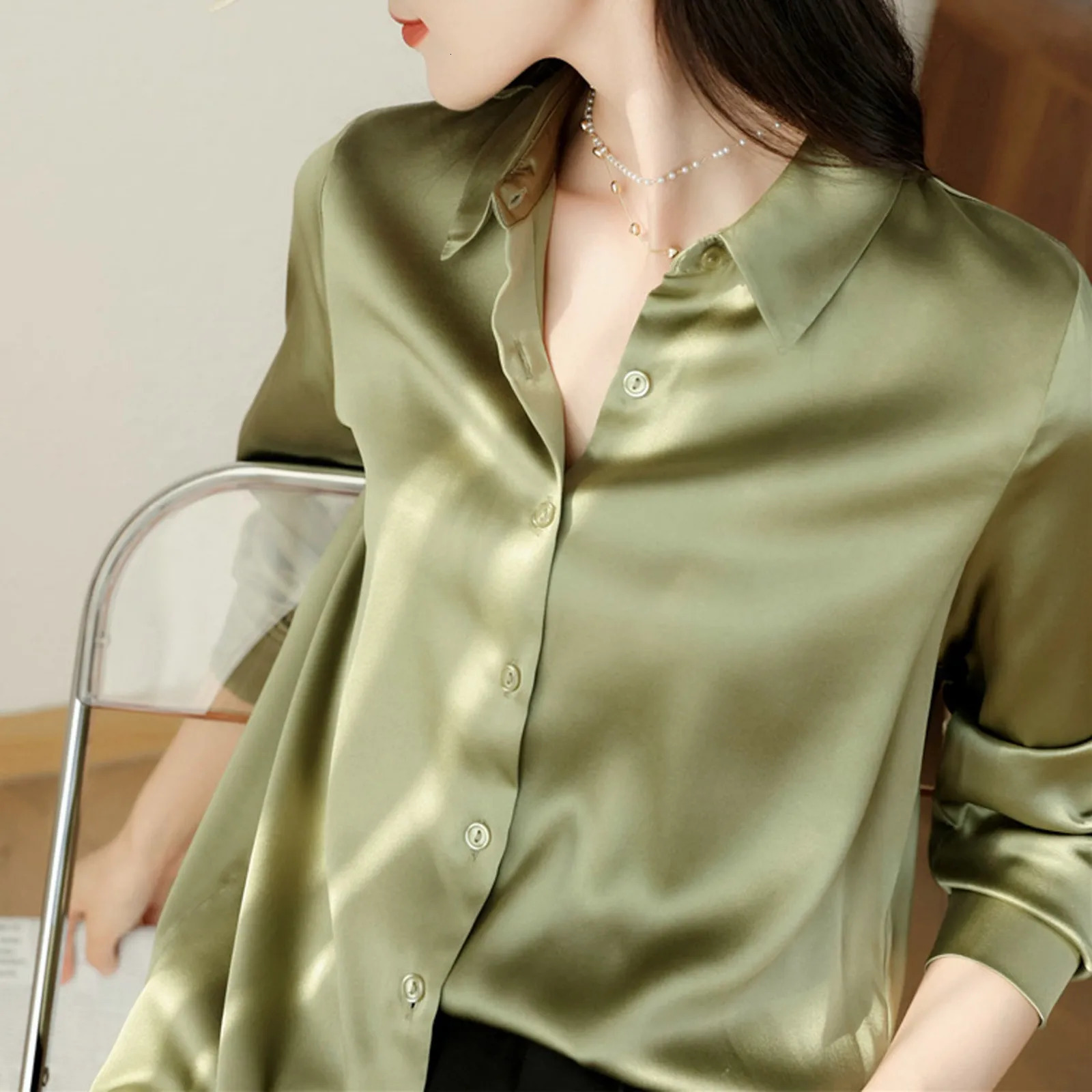 Korean Reviews Clothes Satin Silk Shirt Button Down Shirt Casual Loose Long Sleeve Office Work Long Edition Blouse Ropa De Mujer 250614