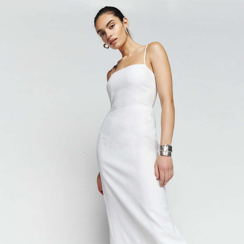 Vestidos De Noche Vestido De Mujer Birthday Dress 857 Summer New 2025 Solid Color Square Neck Slim Fit Linen Long Strap Dress French Straight