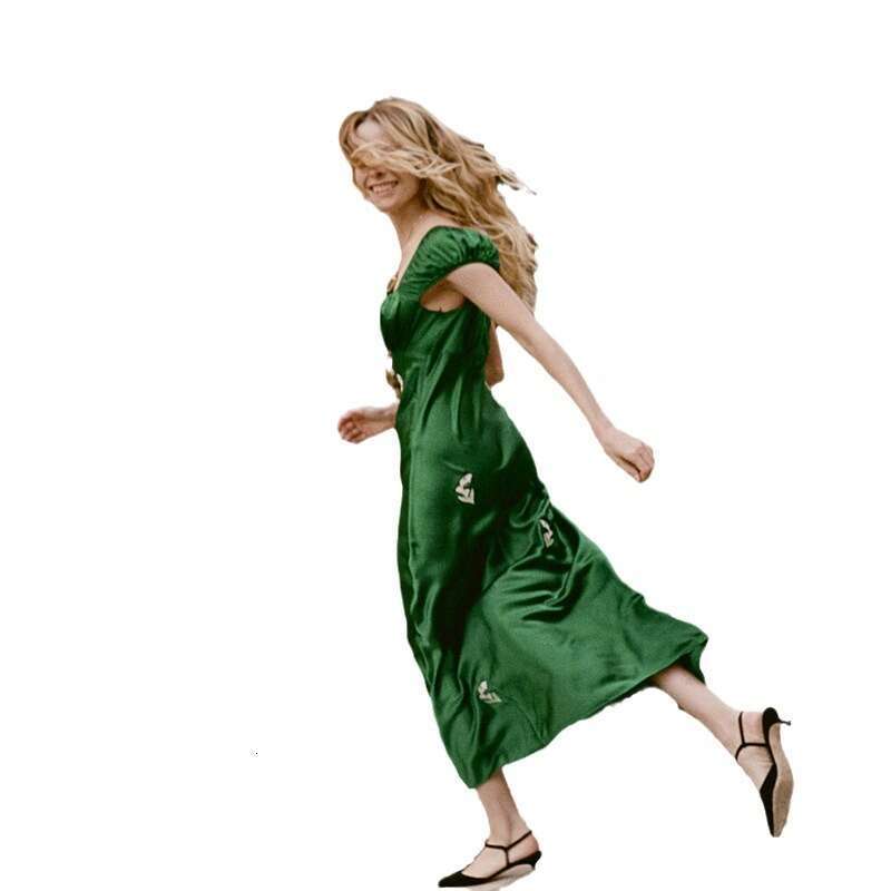 Designer Dresses for Women Bodycon Dresses for Women 793 Summer New 2025 Green Square Neck Silk Embroidered Satin Mid-length Slim Fit French Style Dre