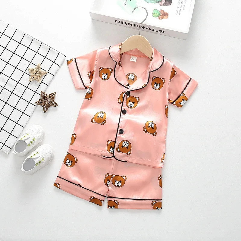 Kids Ice Silk Pajama Set Summer Baby Boys Girls Silk Satin Cardigan Short SleeveShorts 2Pcs Sets Children Casual Home Sleepwear 250617