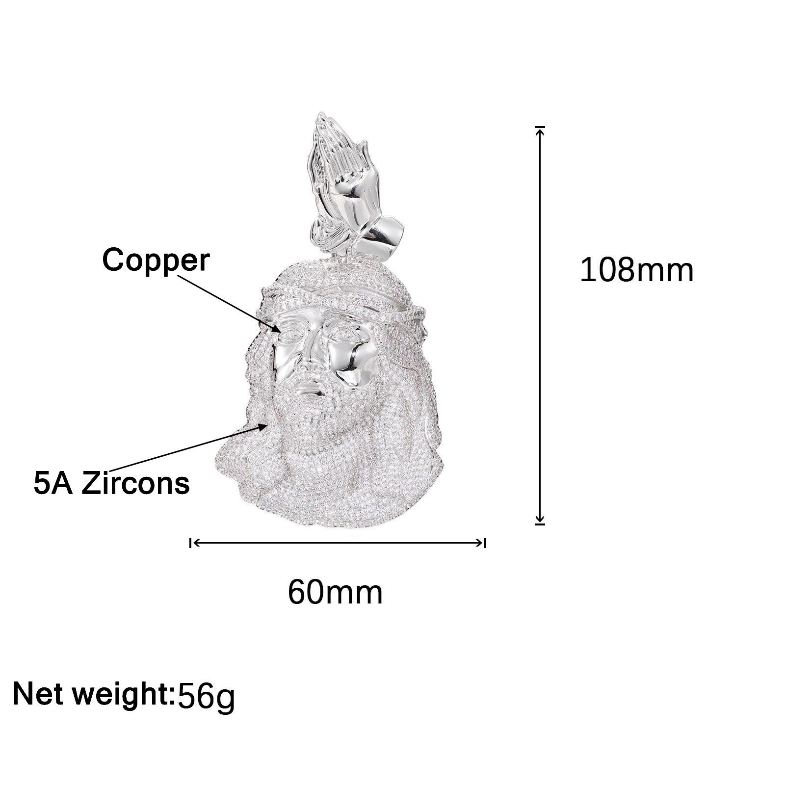 Hip Hop Praying Hands Jesus Face Pendant Necklace 5A Zircon Religious Jewelry