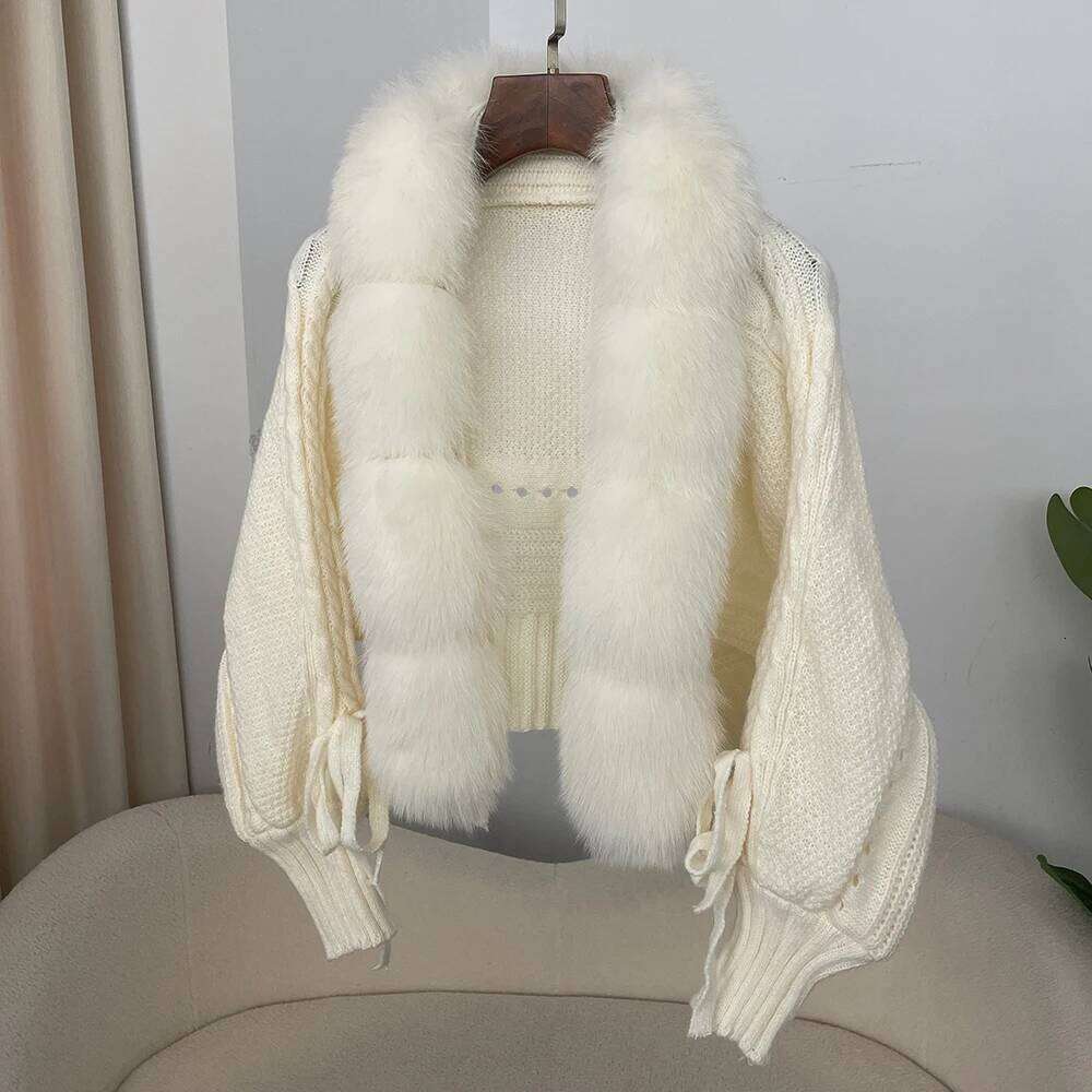 OFTBUY 2025 Spring Knitted Cardigan Women Real Fox Fur Batwing Sleeve Sweater Female Solid Short Kintwear Lady Loose Kint Coat