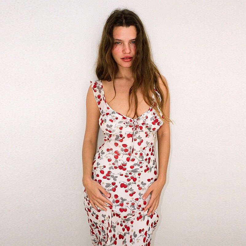 Women Dress Birthday Dress June Tender Long Dress 846 Summer New 2025 V-neck Ruffle White Strawberry French Strap Mermaid Cut Dress