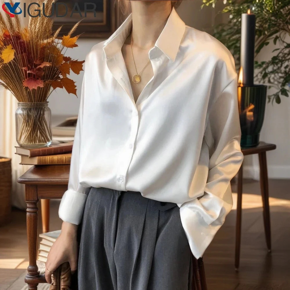 Silk Korean Office Ladies Elegant Shirt Blouse Women tops Fashion Button Up Satin Shirt Long Sleeve Shirts Tops Femme camisas 250616