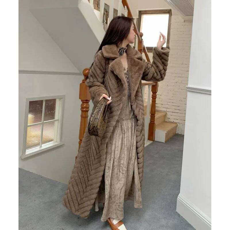 Winter Brown Eming Wave Strip Pattern Faux Mink Fur Coat CHIC Women Bow Sashes Full Sleeve Loose Warm X-Long Outerwear