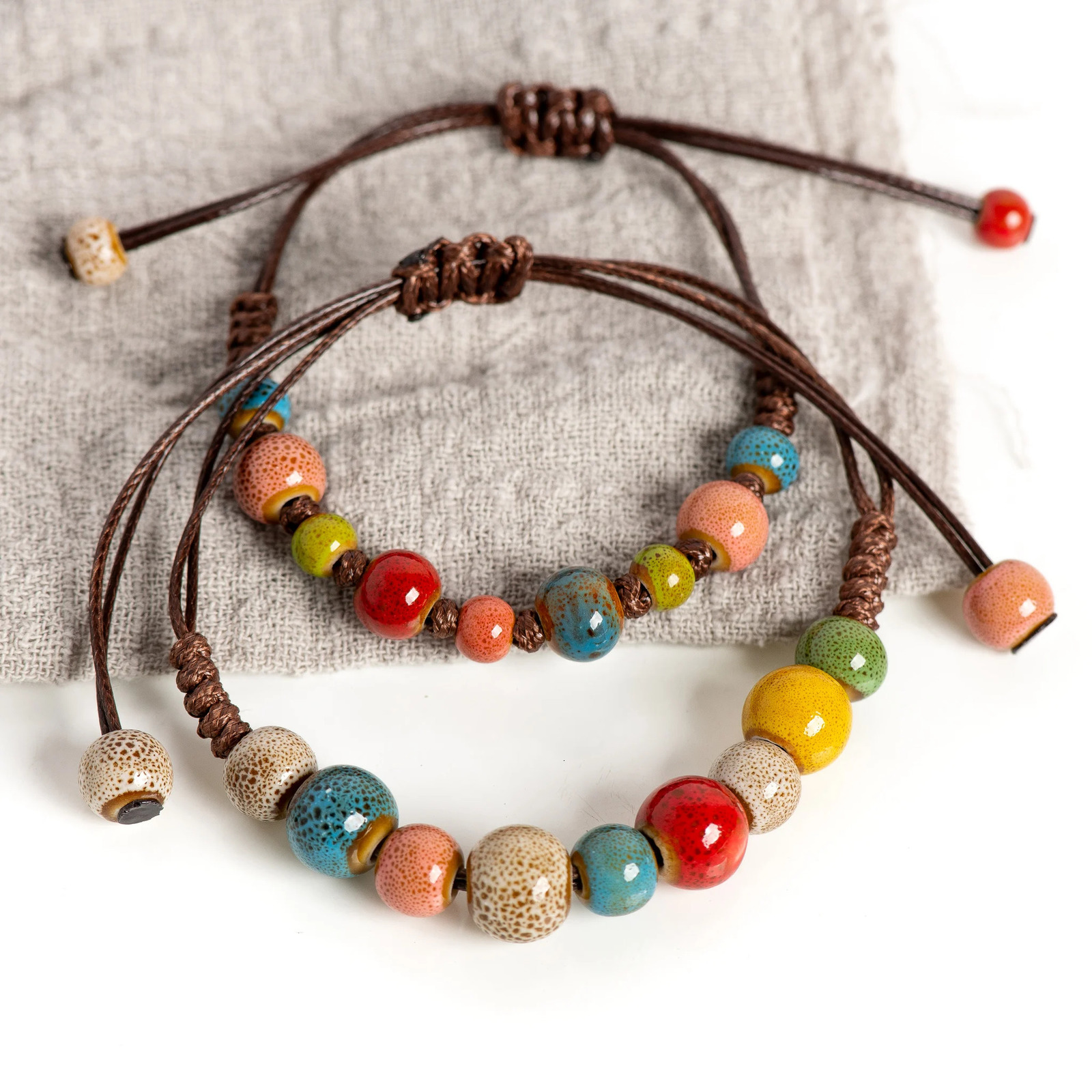 Bohemian Ceramic Bead Bracelet with Adjustable Cord 15-25cm for All Wrist Sizes 250616