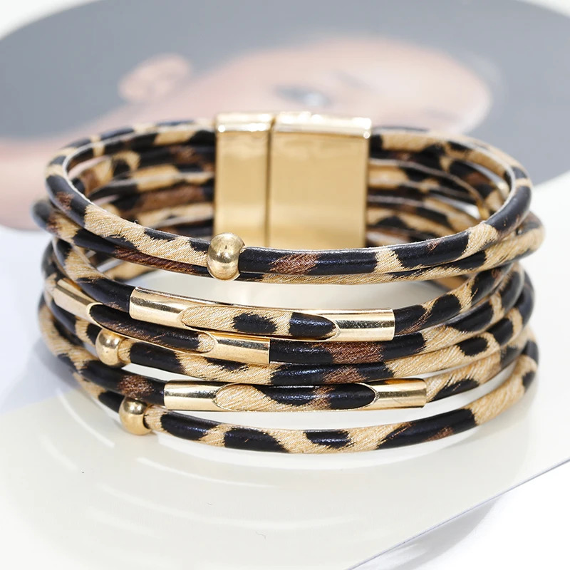 ALLYES Leopard Leather Bracelet Jewelry Fashion Women Metal Tube Ladies Wide Boho Multilayer Wrap Bracelets Bangles 250616