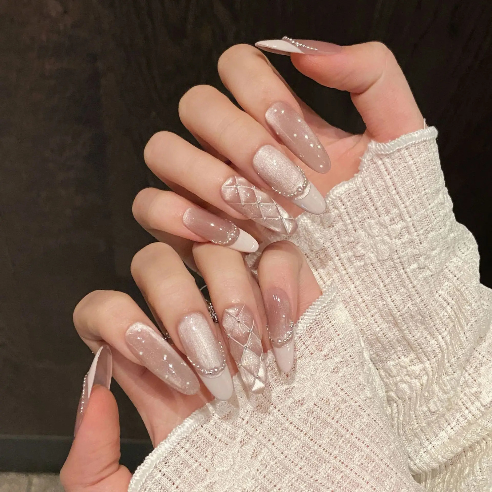 10pcs Handmade Press on Nails Diamond French Pearl Powder Cats Eye Bow False Nail for Women Girl Removable Wearable Nail Art 250612