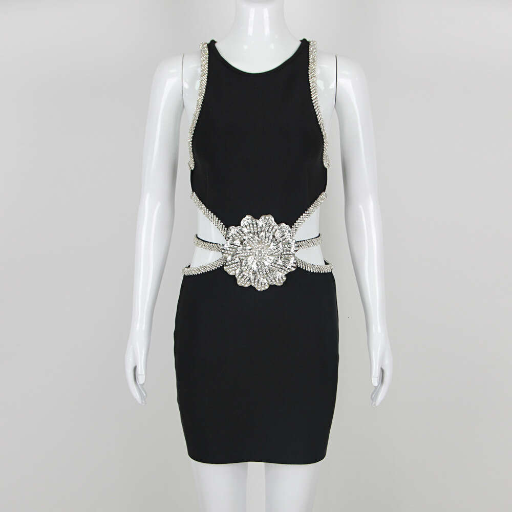 Spring/Summer New Fashion Design Sense Waist-Exposing Exquisite Rhinestone Flower Birthday Bandage Dress