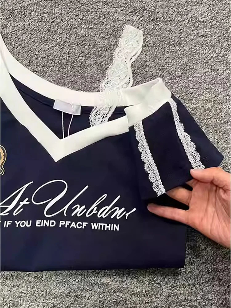 Millennium style Gothic Girl Waist Splicing Lace Strap Short Sleeve T-shirt for Women Summer navy blue slim fit top 250616