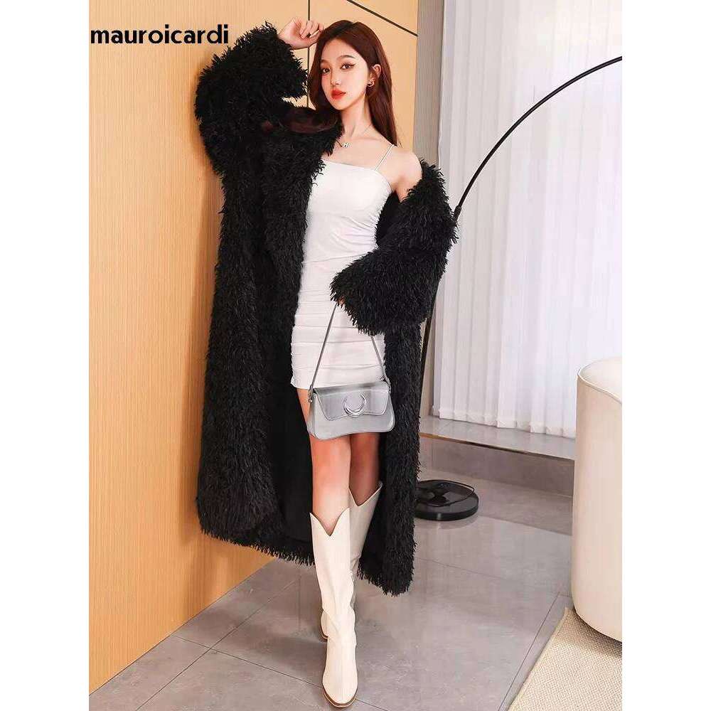 Mauroicardi Winter Extra Long Oversized Black Shaggy Hairy Fluffy Warm Thick Soft Maxi Fuzzy Faux Mongolian Lamb Fur Coat Women