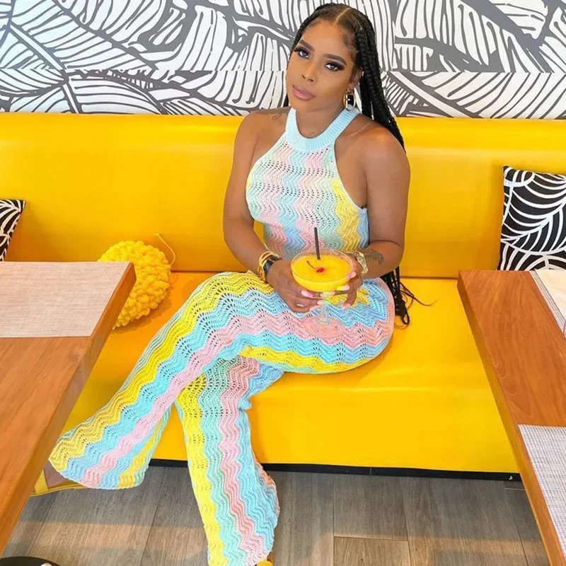 Knitted Striped 2 Piece Sets Women Outfit Summer Beach Vacation Sleeveless Crop Top and Flare Pants Matching Sets Club Party 250616