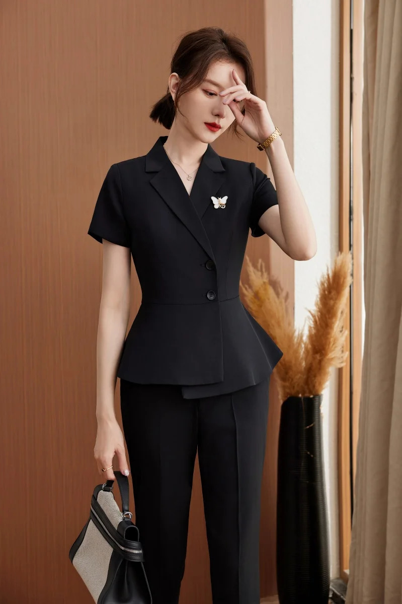 Summer Formal Black Blazer Women Pant Suits Short Sleeve Jacket Ladies Office Uniform Styles Work Wear Female Business Sets 250612