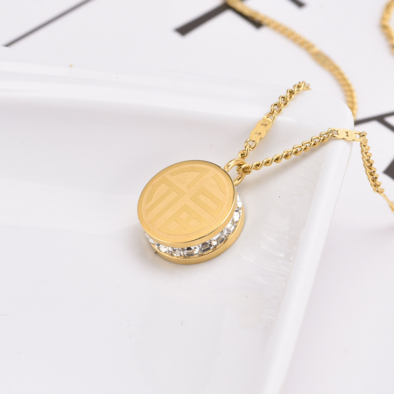 Minimalist Elegant Versatile Round Double-Sided Fu Character Inlaid Pendant for Women, Titanium Steel, Non-Fading Necklace