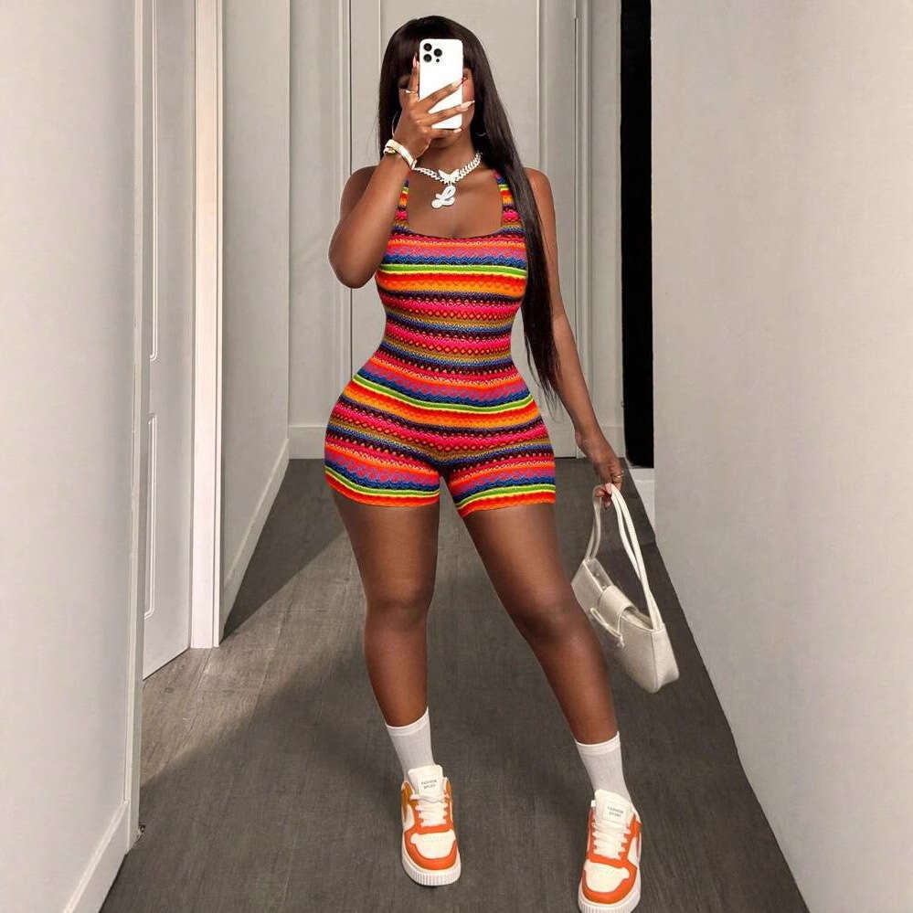 Summer New Women's Sexy Hot Girl Slim Fit Printed Strap U-Neck Bodycon Shorts Jumpsuit B5