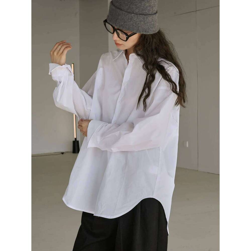 Autumn and winter women's casual solid color lapel long sleeved loose fitting shirt