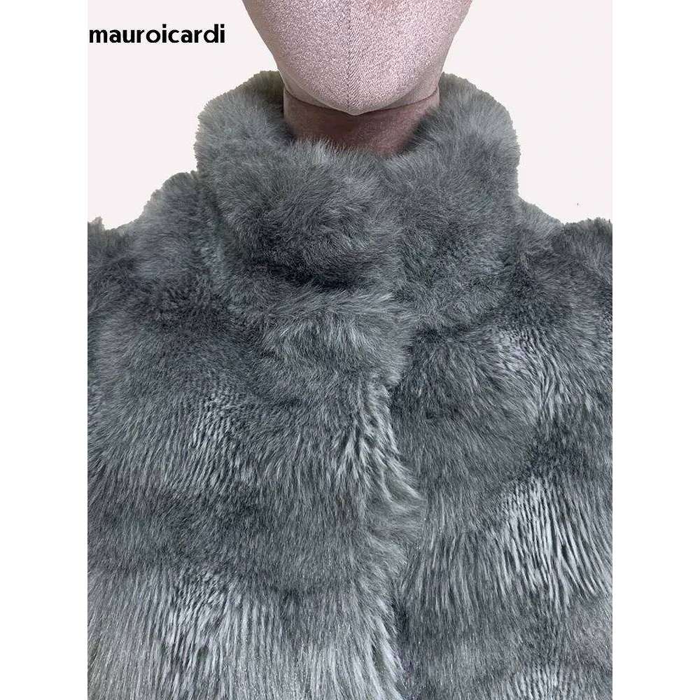 Mauroicardi Winter Extra Long Thick Warm Striped Soft Fluffy Faux Chinchilla Fur Coat Women Elegant Chic Furry Overcoat