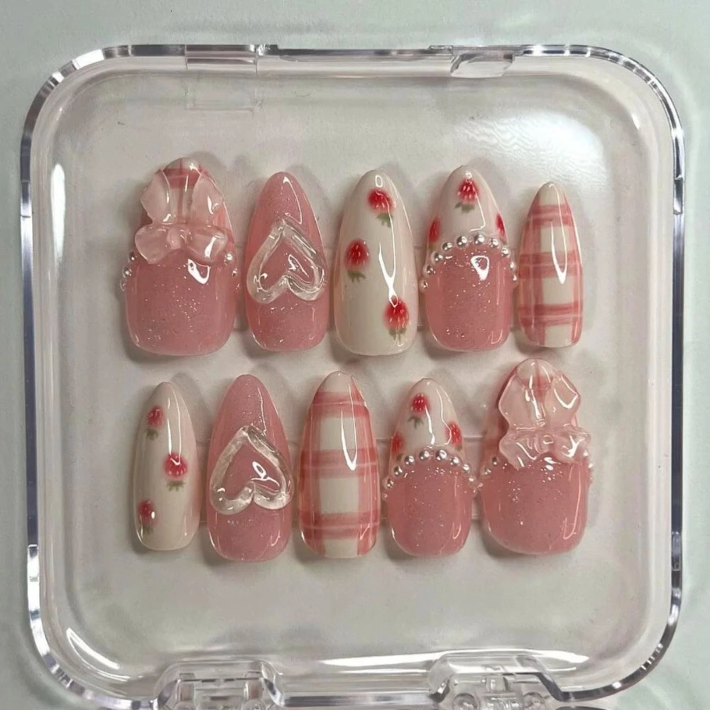 10 Pcs Handmade Press On Nails Advanced French Elegance 3D INS Y2k Pink Bow Medium Almond Fake Nails DIY Nails with Set 250612