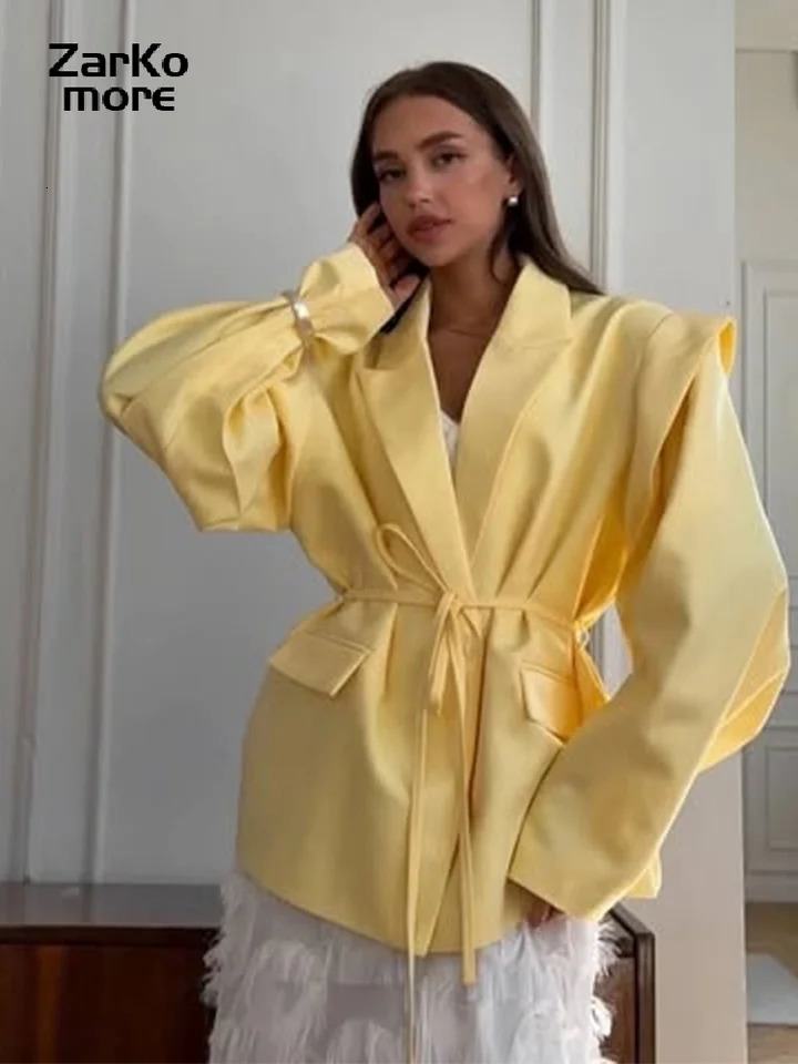 Street Lace Up Womens Blazer Yellow Button Long Sleeve Lapel Button Suit Jacket 2025 Spring Summer Lady Loose Casual Outwear 250614