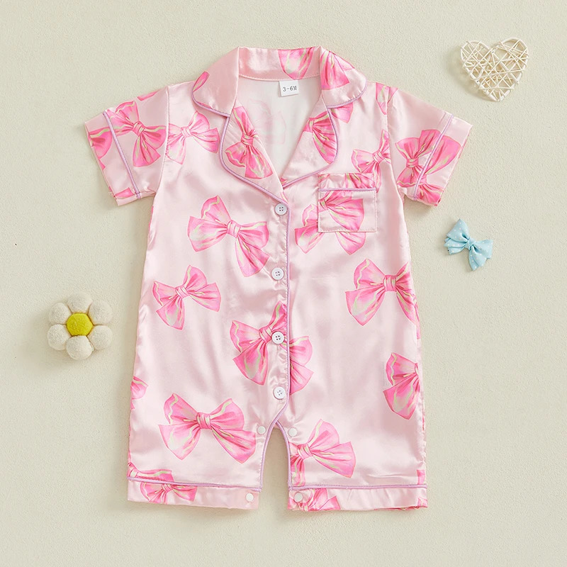 Baby Girl Bow Satin Short Sleeve Button-up Shorts Jumpsuit Cute Toddler Sleepwear 250617