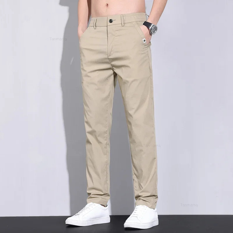 Ultra-thin Elastic Mens Casual Pants Summer Ice Silk Cotton Fashion Slim Straight Business Trousers Black Gray Khaki 250614