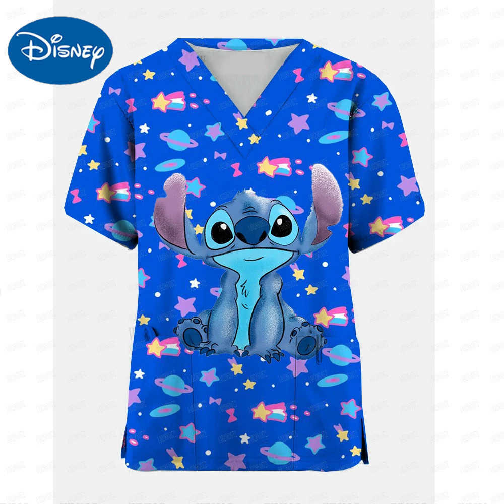 Disney Stitch V Neck Nurse Uniform T-shirt For Girls Womens Hospital Wear T Shirts Woman Pocket Clothes Lady Short Sleeve Top W250617