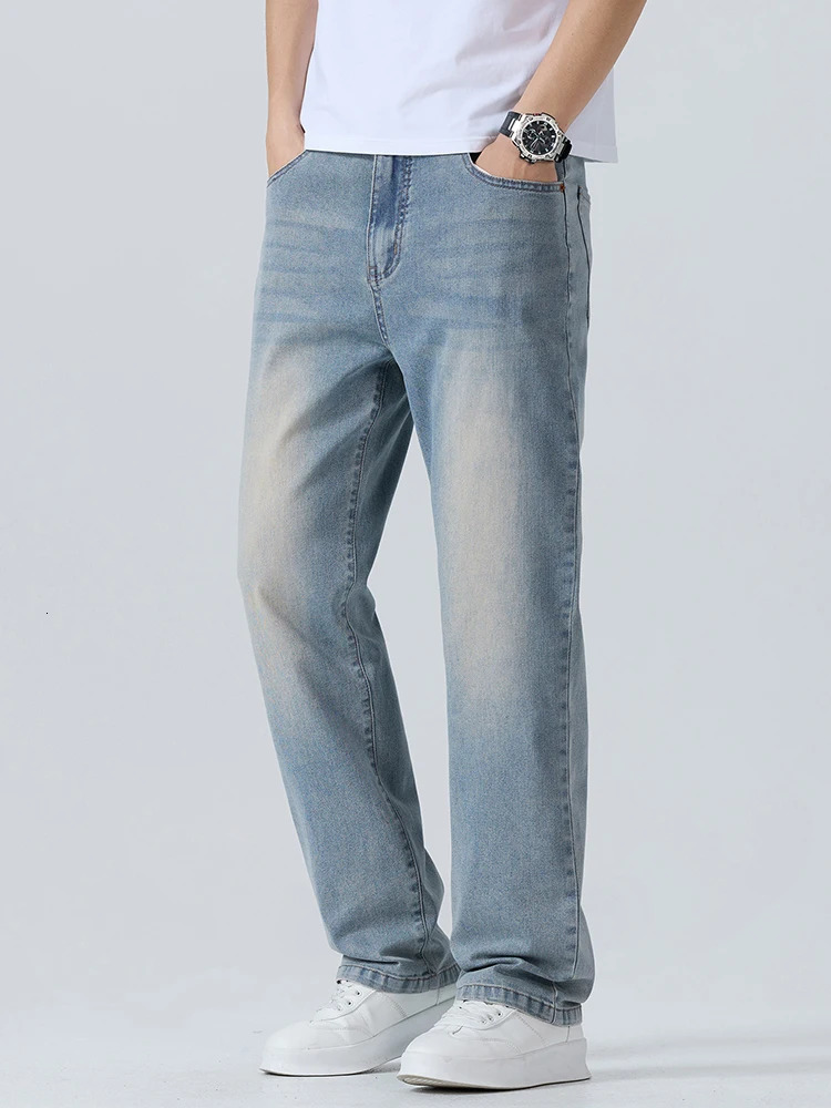 Summer Thin Mens Printed Jeans Breathable Fashion Business Loose Pants Washing Vintage Casual Denim Trousers Male 250616