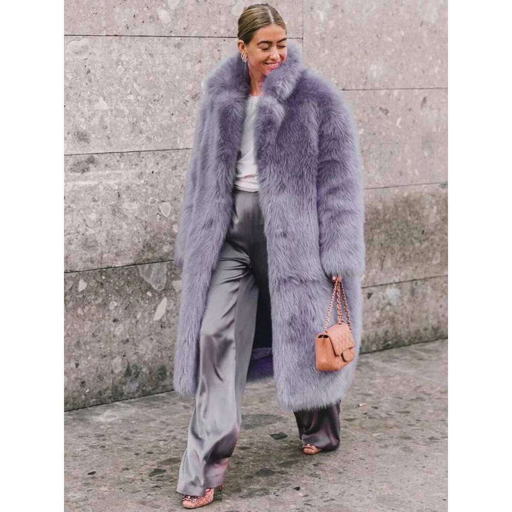 Oversized Winter Faux Coat Women Loose Lapel Long Jacket Teddy Warm Female Plush Purple Fur OverCoat Outerwear