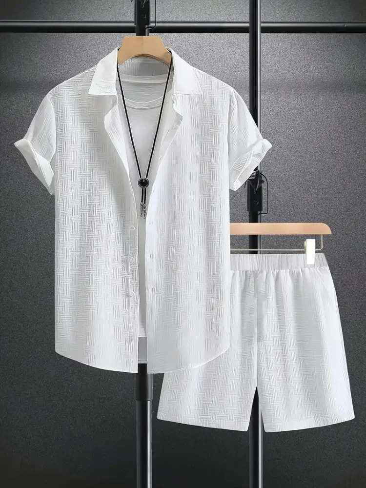 2025 Summer Mens casual daily outdoor travel solid color jacquard lapel short-sleeved Shirt drawstring Shorts two-piece Set 250616