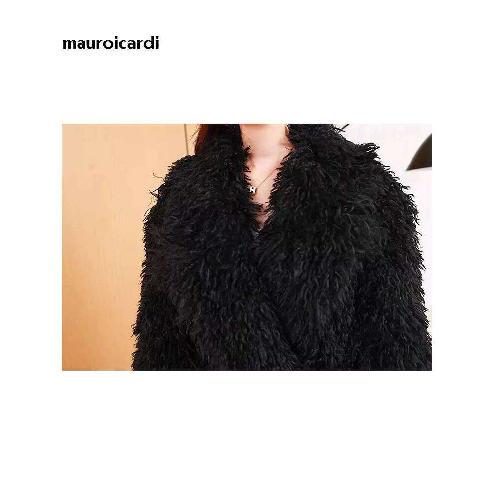 Mauroicardi Winter Extra Long Oversized Black Shaggy Hairy Fluffy Warm Thick Soft Maxi Fuzzy Faux Mongolian Lamb Fur Coat Women