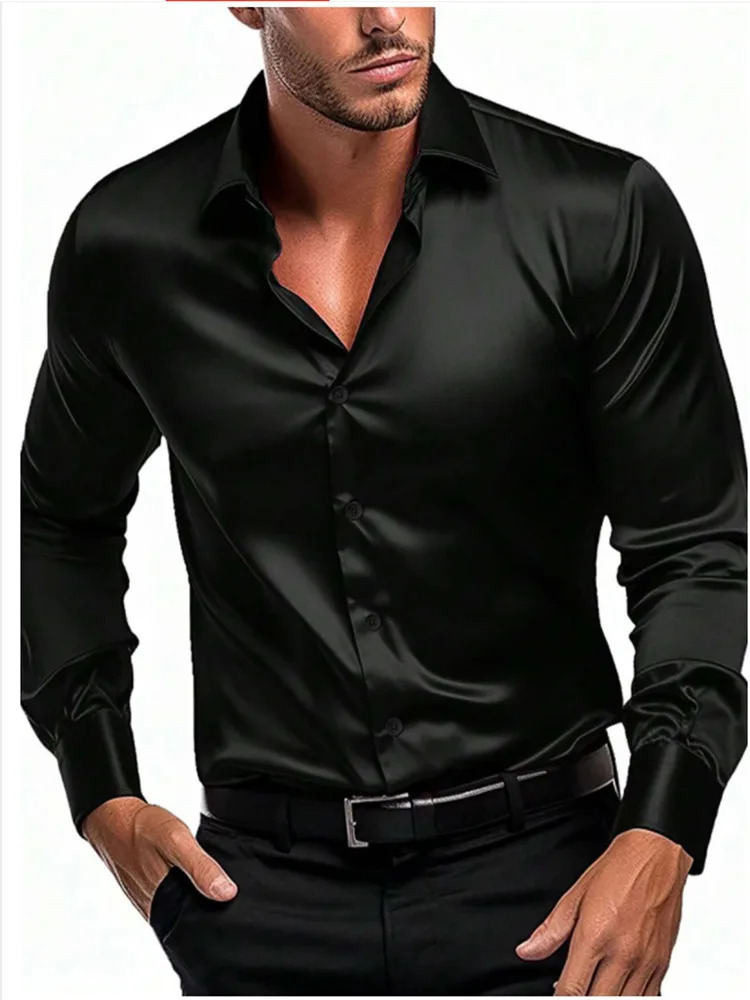 business gentleman social fashion shirt top Mens satin party slim-fit dress shirt 250617