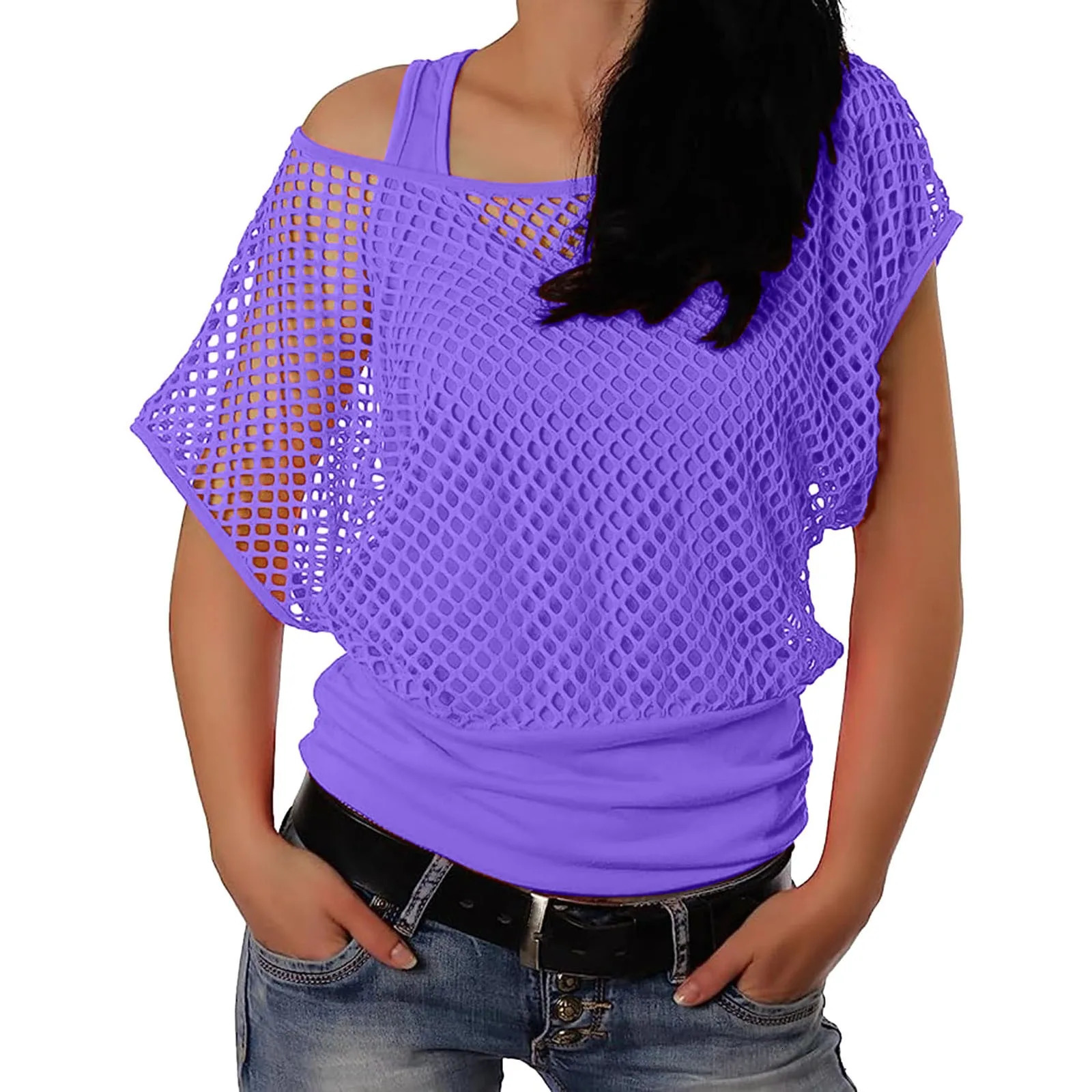 Off Shoulder T Shirt For Womens Neon Fishnet Mesh Blouses Tops For Ladies Solid Tee Shirts Summer Casual Blouse Ropa De Mujer 250614
