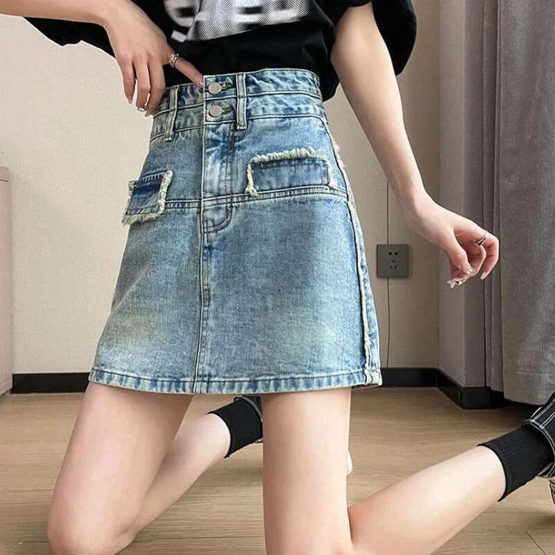 Stylish High Waist With Pocket Jeans Skirts for Women A Line Summer 2025 Harajuku Streetwear Y2k Vintage Cheap Woman Denim Skirt