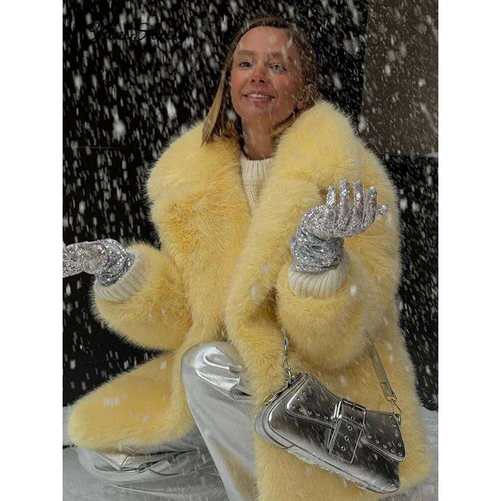 Fashion Faux Fur Jacket Coat Women Warm Fluffy Loose Long Sleeve Lapel Female Overcoat 2024 Winter Yellow Lady Street Outwear