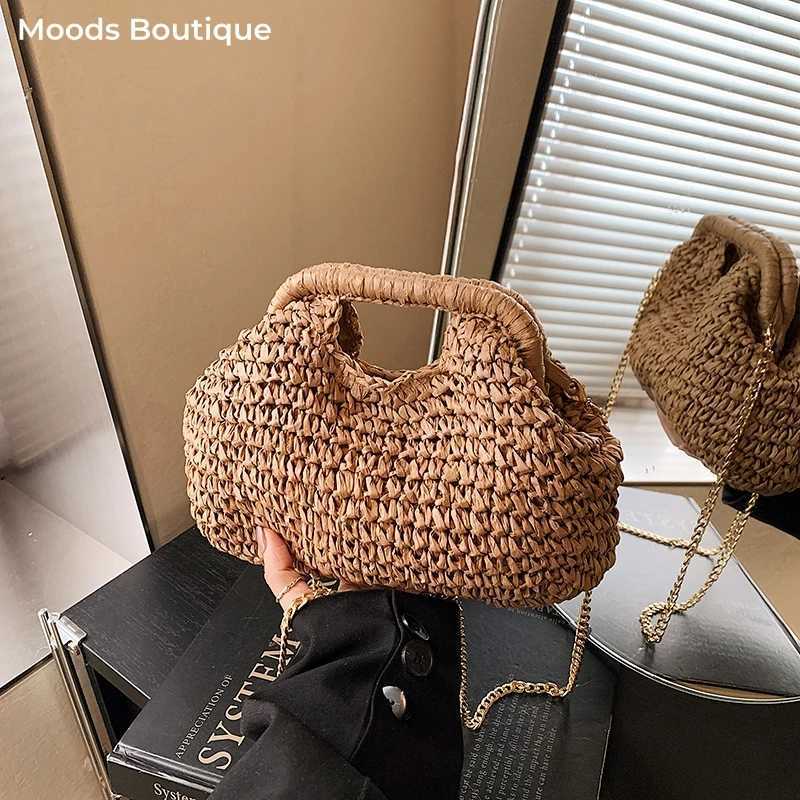 MOODS Raffia Straw Fabric Woven Top-handle Bag And Hat Set For Women Chain Shoulder Crossbody Bag 2025 Summer New Beach Handbags Z250617
