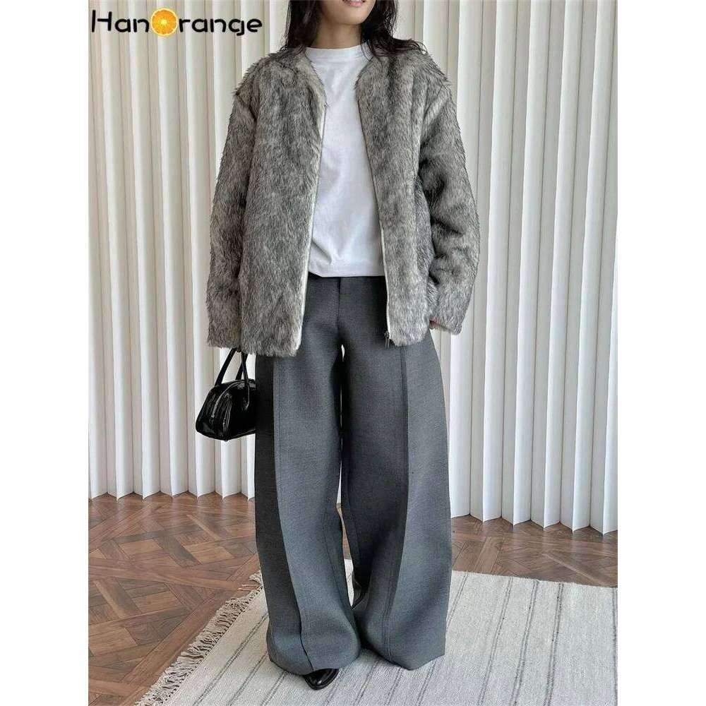 HanOrange 2024 Winter Retro Imitation Fur Eco Long Hair Parkas Women Fluffy Warm Comfortable Quilted Jacket Gray