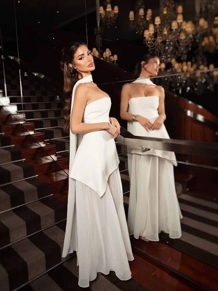 White Mesh Scarf Neck Strapless Long Dress Fashion Off Shoulder Sleeveless High Waist Slim Split Robe Lady Party Beach Gown 250612